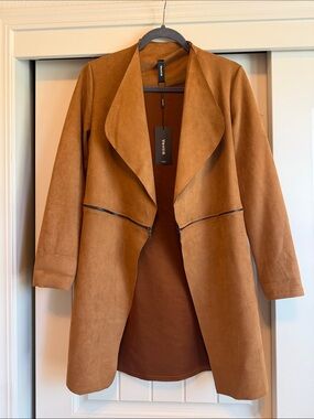 Brown Faux Suede Open-Front Trench Coat